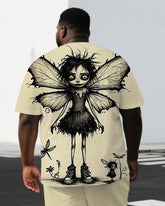 Men's Casual Butterfly Girl Back Print Big & Tall Breathable Outdoor Short-Sleeve T-shirt Shorts Set